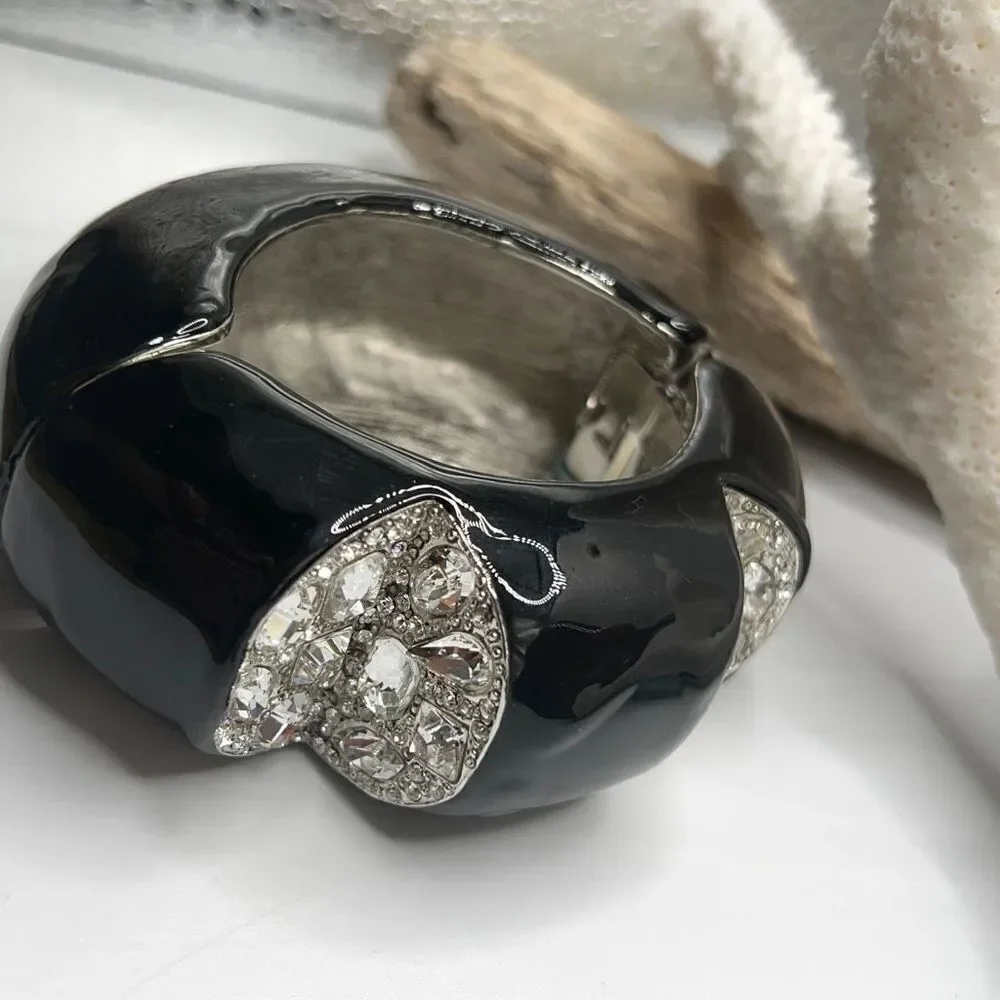 Black & Crystal Inset Dome Hinged Bangle Bracelet - Picture 11 of 13